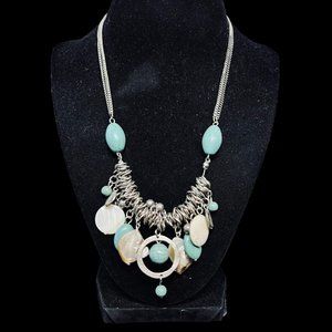 Vintage Chunky Silver Tone, Faux Turquois And Abalone Shell Necklace (5067)